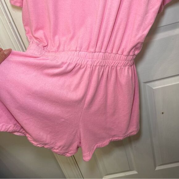 The Good American Terry Cloth Cinched Waist Pink Romper Short Sleeves - Picture 15 of 16
